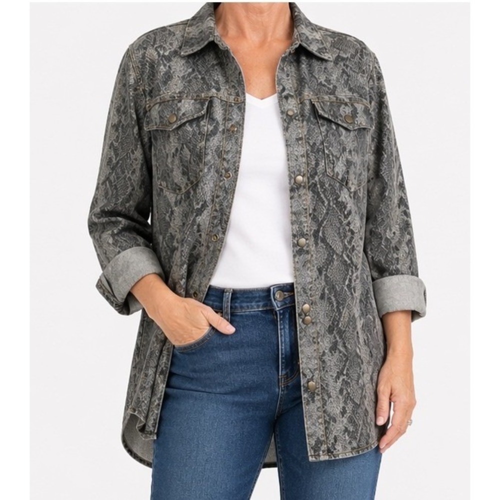 DG2 Diane Gilman Snake Print Denim Shacket Women Large Snap Front Stretch Jacket